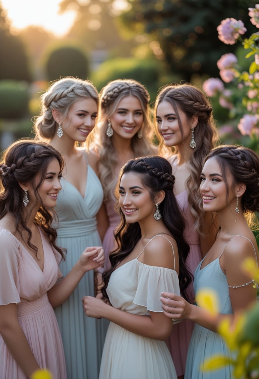 A group of young women outdoors with different elegant hairstyles, smiling and posing together in a garden setting.